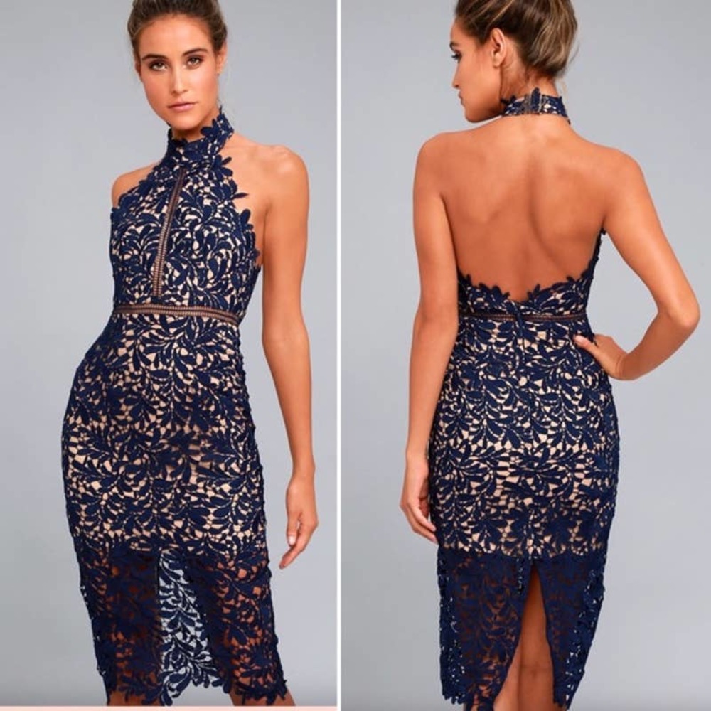 Lulu's Divine Destiny Lace Halter Dress Navy XS